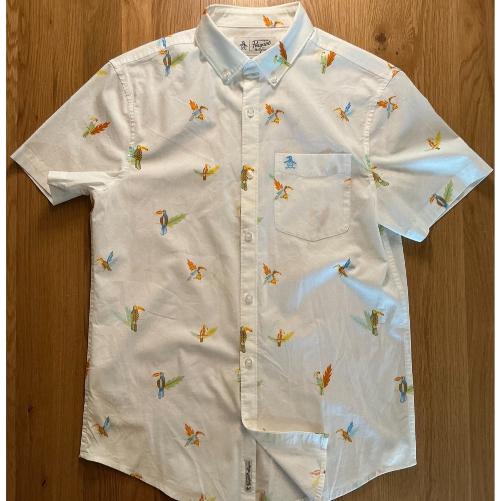 Original Penguin Bird Print Shirt Mens Small White Short Sleeve Button Down